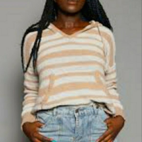 Madewell Striped Knit Hooded Pullover XS Oversized Cozy Hoodie Black White - Picture 2 of 13